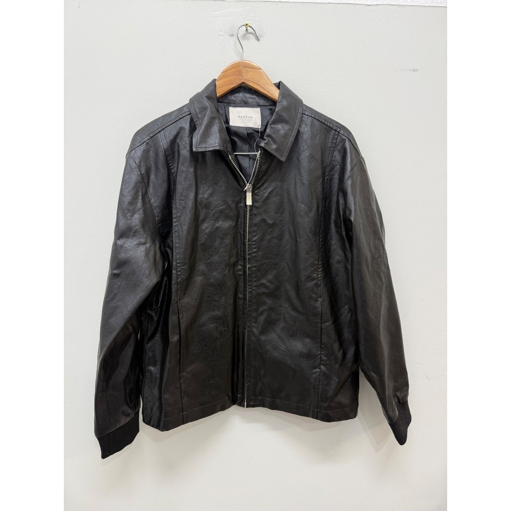 PacSun Faux Leather Jacket Large Black Zip Up Ribbed Cuffs New